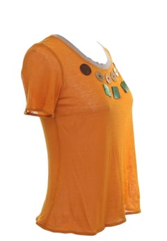 MARNI T-Shirt Knit Short Sleeve Top Orange Cotton Cashmere Wood Applique 40