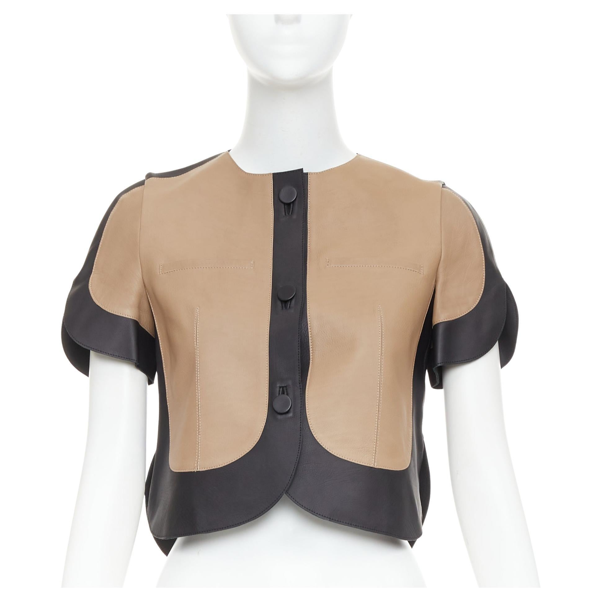 MARNI tan black calf leather curved panel petal sleeves cropped jacket IT38 XS