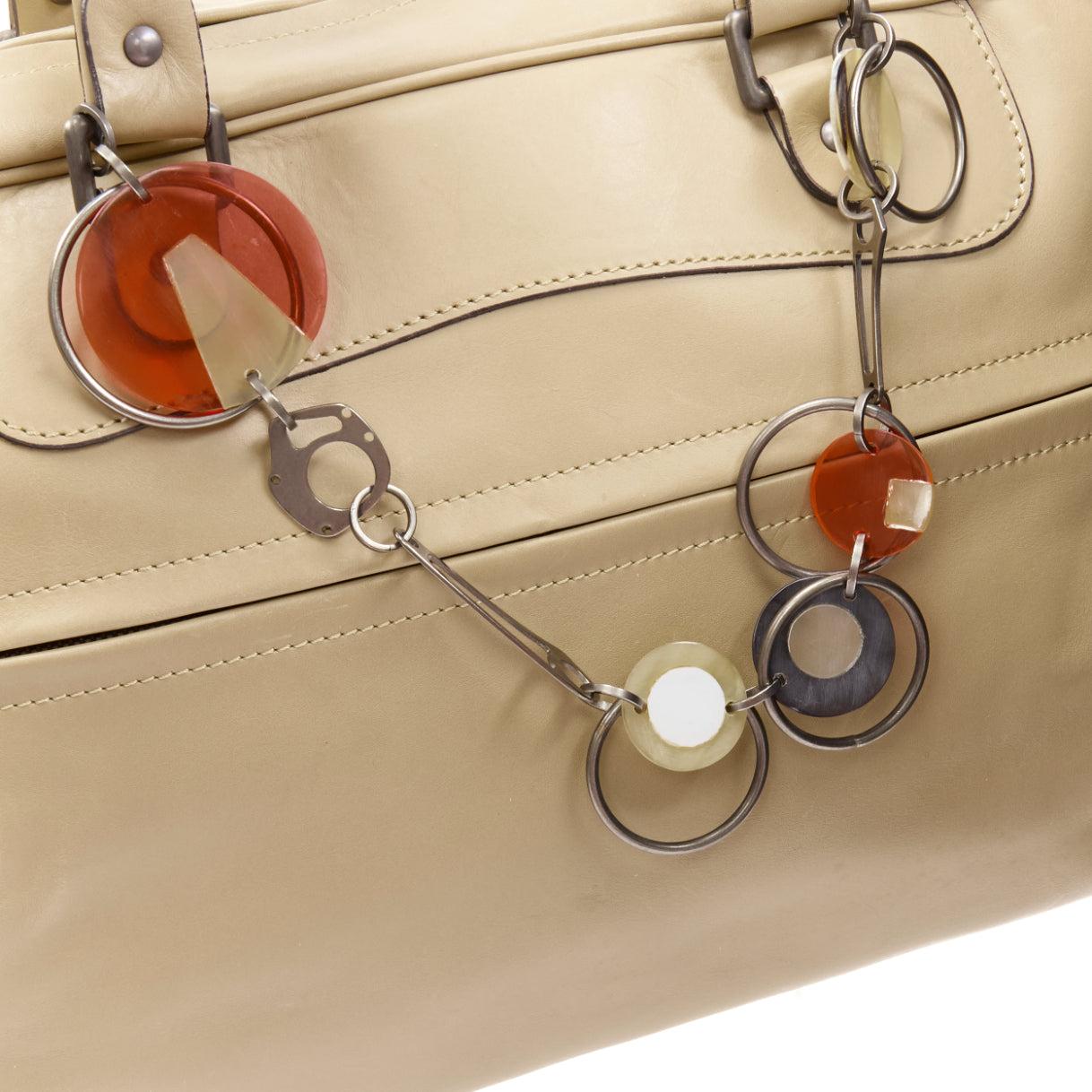 MARNI tan brown leather resin metal chain large weekend bowling boston bag 1