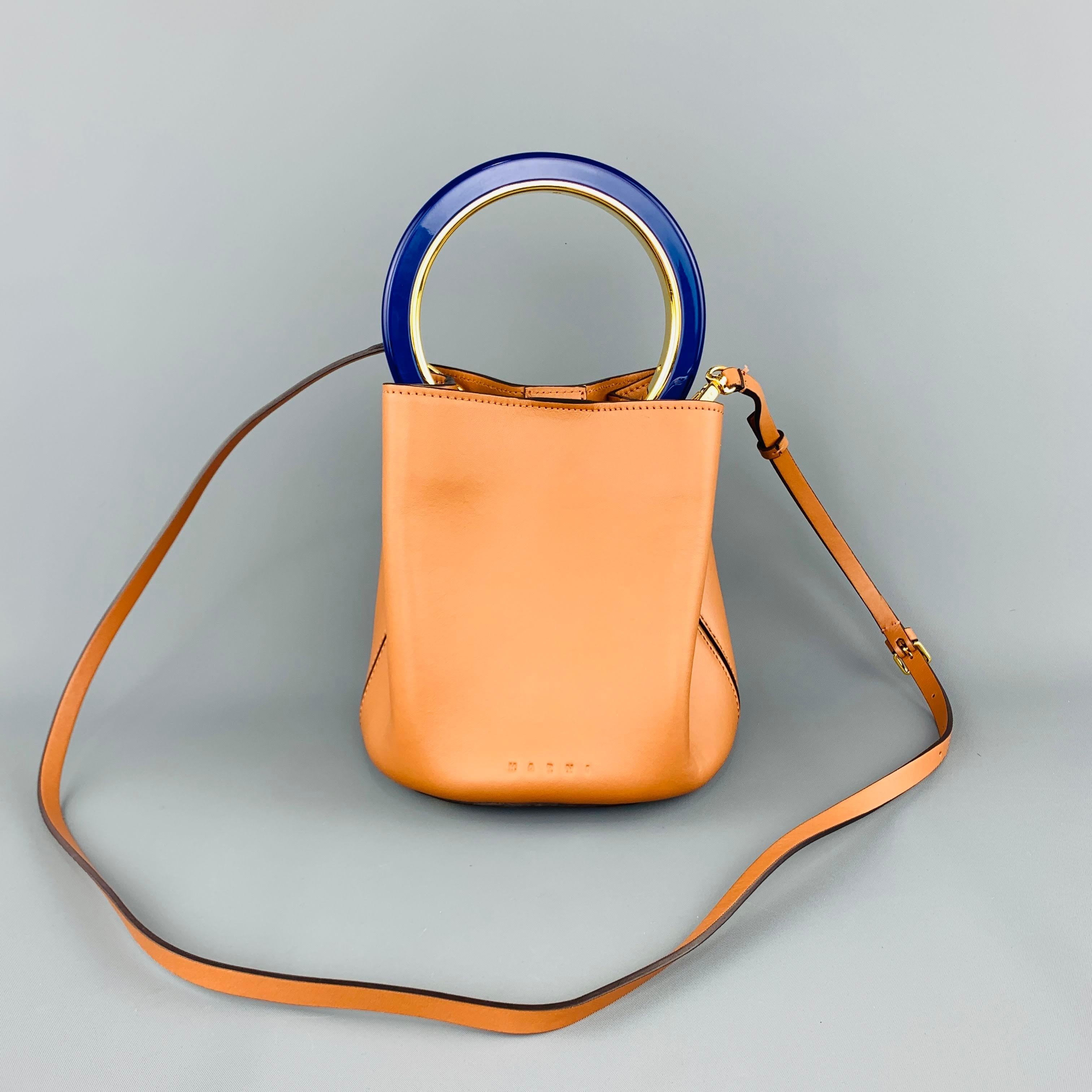 Beige MARNI Tan Leather Blue Enamel Handle Mini PANNIER Bucket Handbag