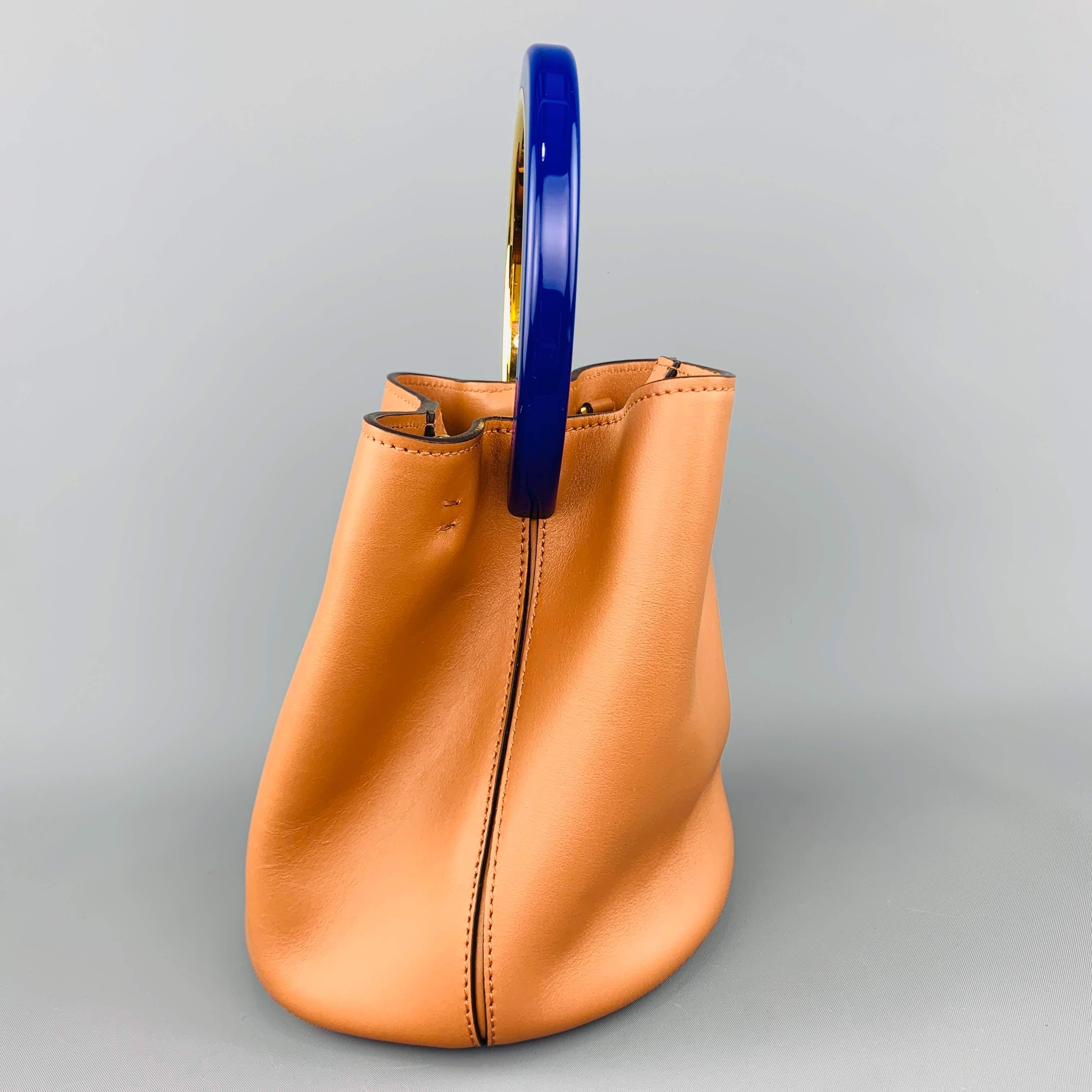MARNI Tan Leather Blue Enamel Handle Mini PANNIER Bucket Handbag In Excellent Condition In San Francisco, CA