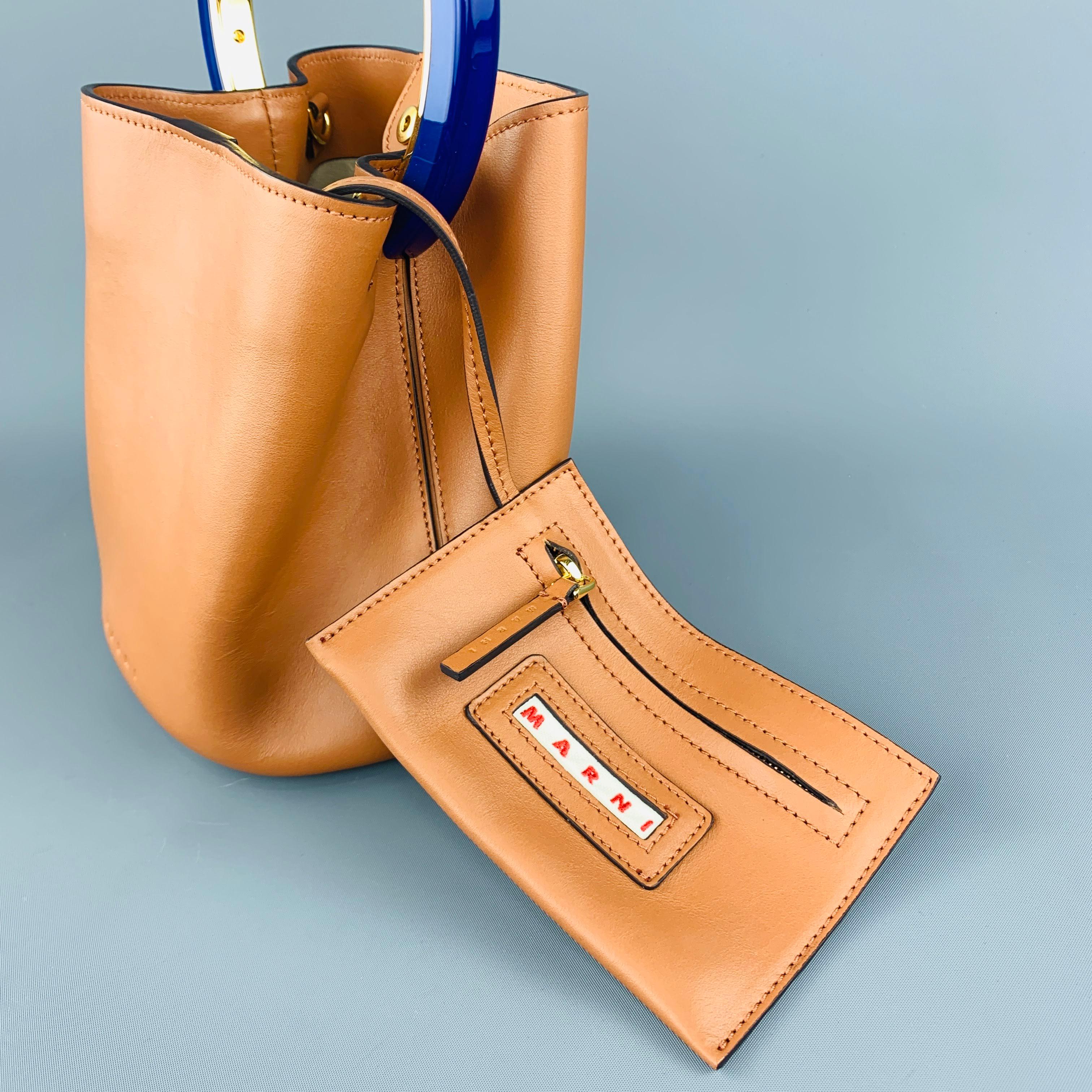 MARNI Tan Leather Blue Enamel Handle Mini PANNIER Bucket Handbag 1