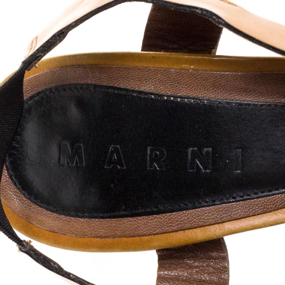 Brown Marni Tan Leather Strappy Platform Block Heel Slingback Sandals Size 40 For Sale
