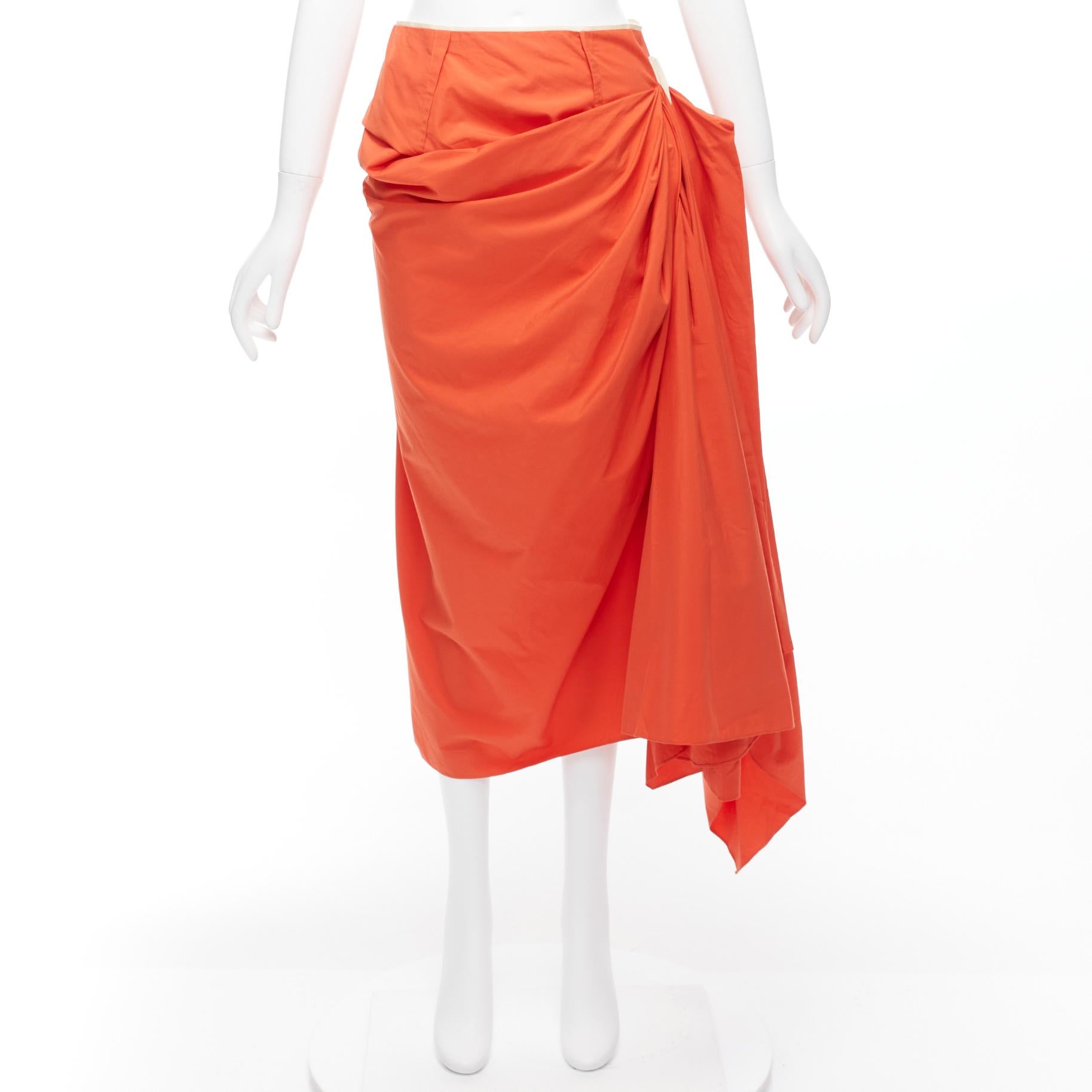 MARNI tangerine orange cotton asymmetric drape pencil midi skirt IT40 S For Sale 5