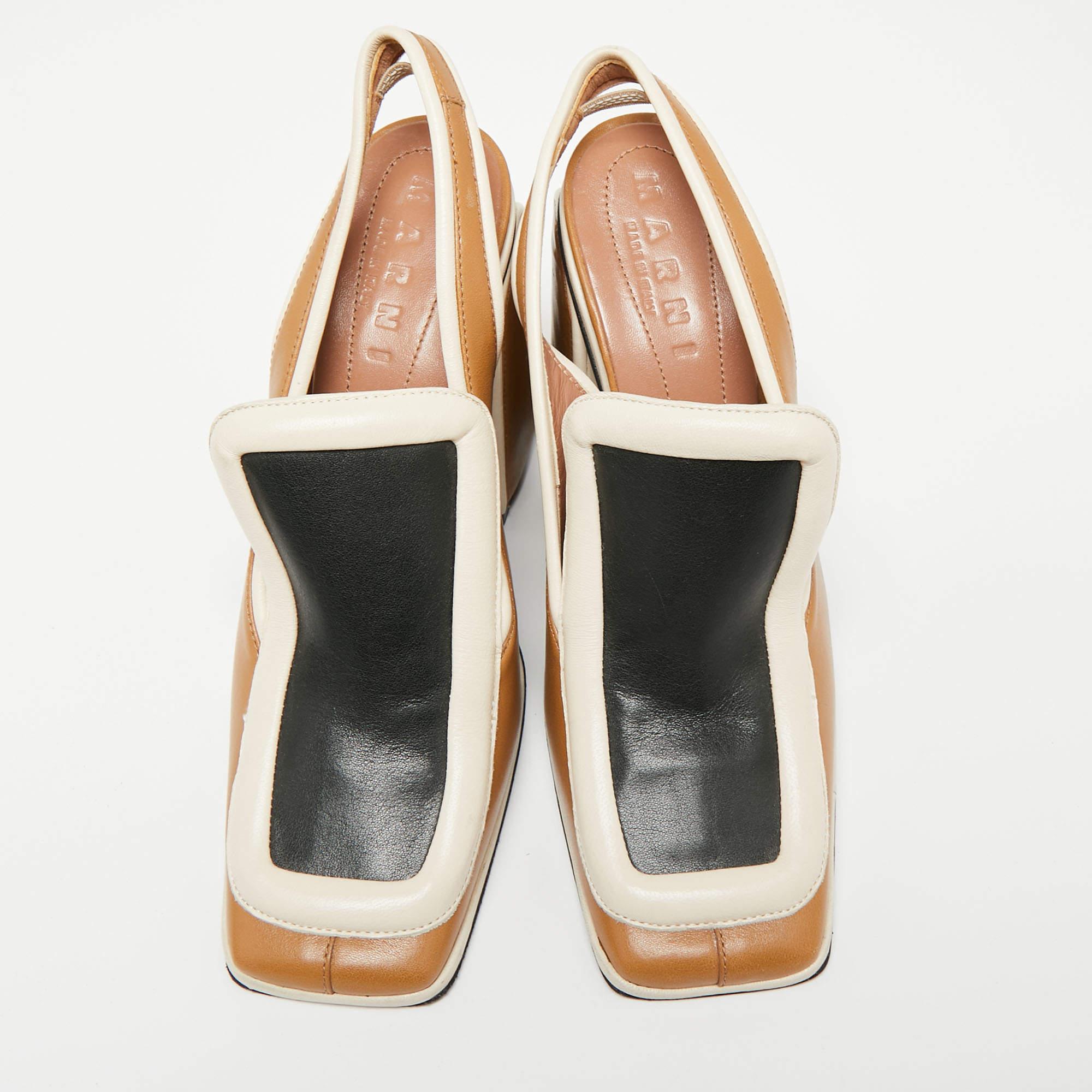 Brown Marni Tri-Color Leather Square Toe Block Heel Slingback Sandals Size 37