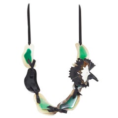 MARNI tribal green mixed resin ribbon tie detachable brooch statement necklace