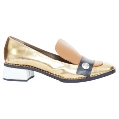 MARNI tricolor metallic gold black leather button strap block heel loafer EU36
