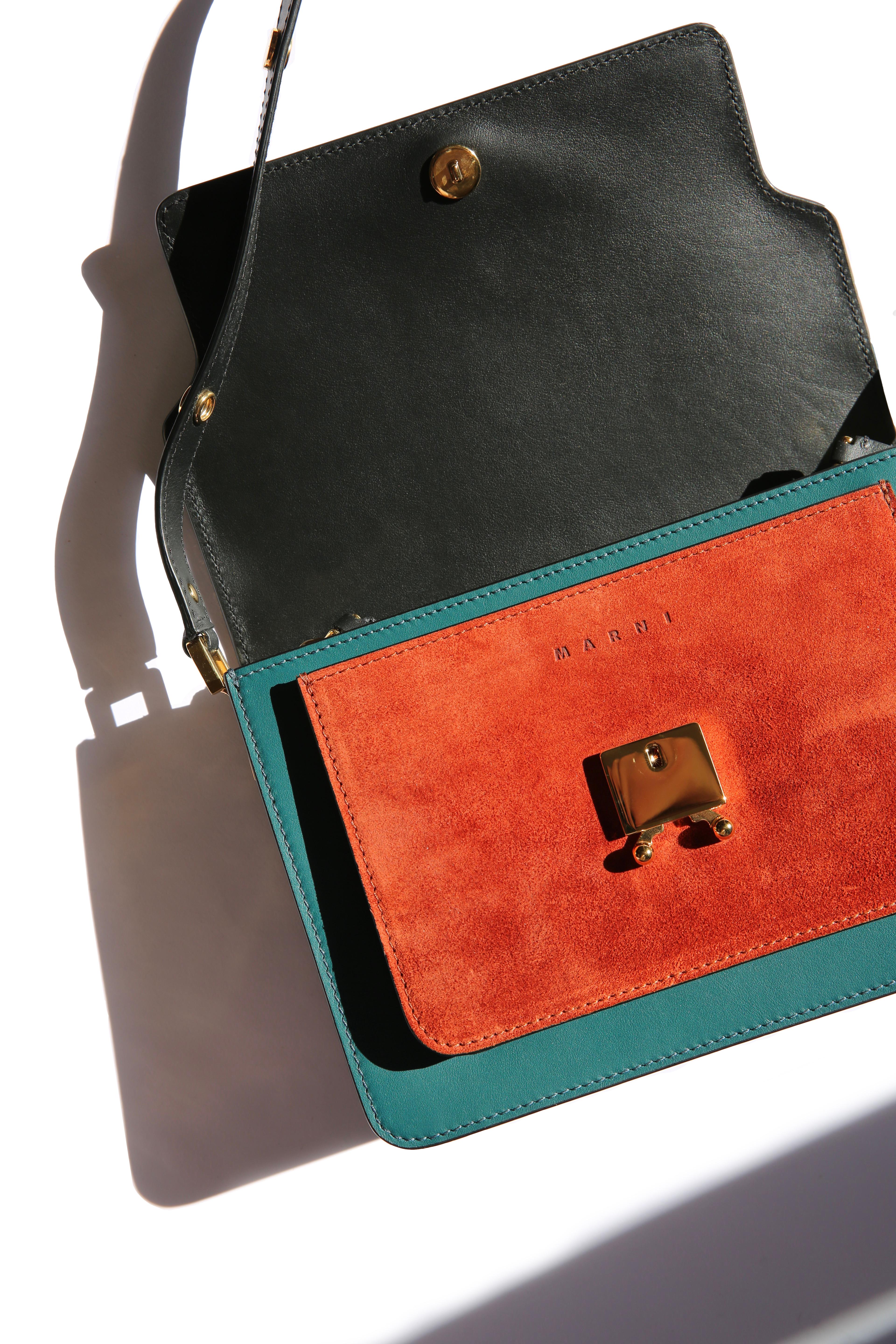 Marni trunk color block contrast black teal rust gold leather suede shoulder bag For Sale 2