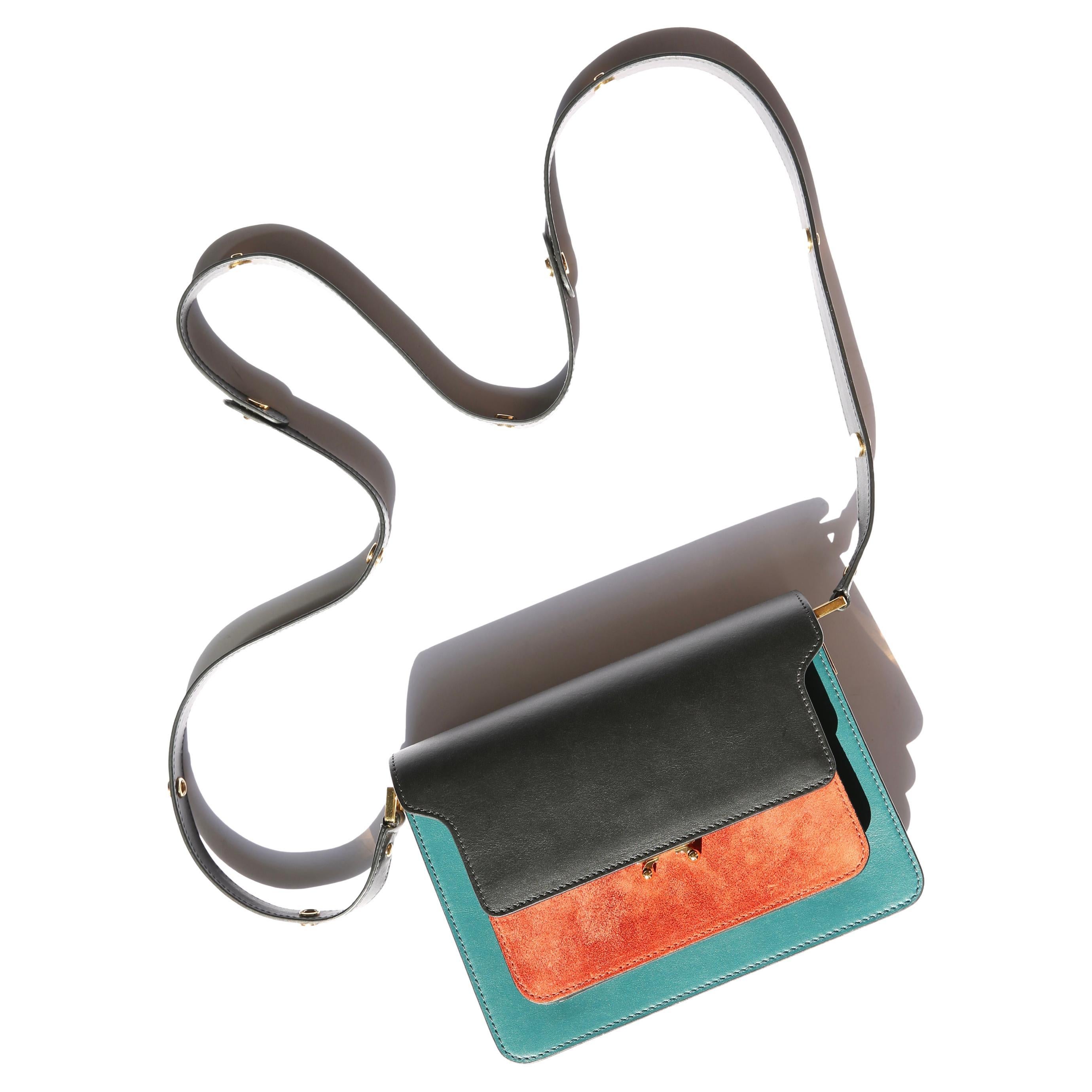 Marni tronc color block contrastant noir sarcelle rouille or cuir daim sac à bandoulière