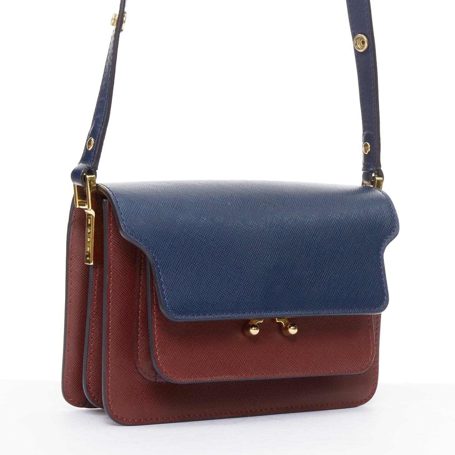 Gray MARNI Trunk navy burgundy textured leather clasp crossbody bag For Sale