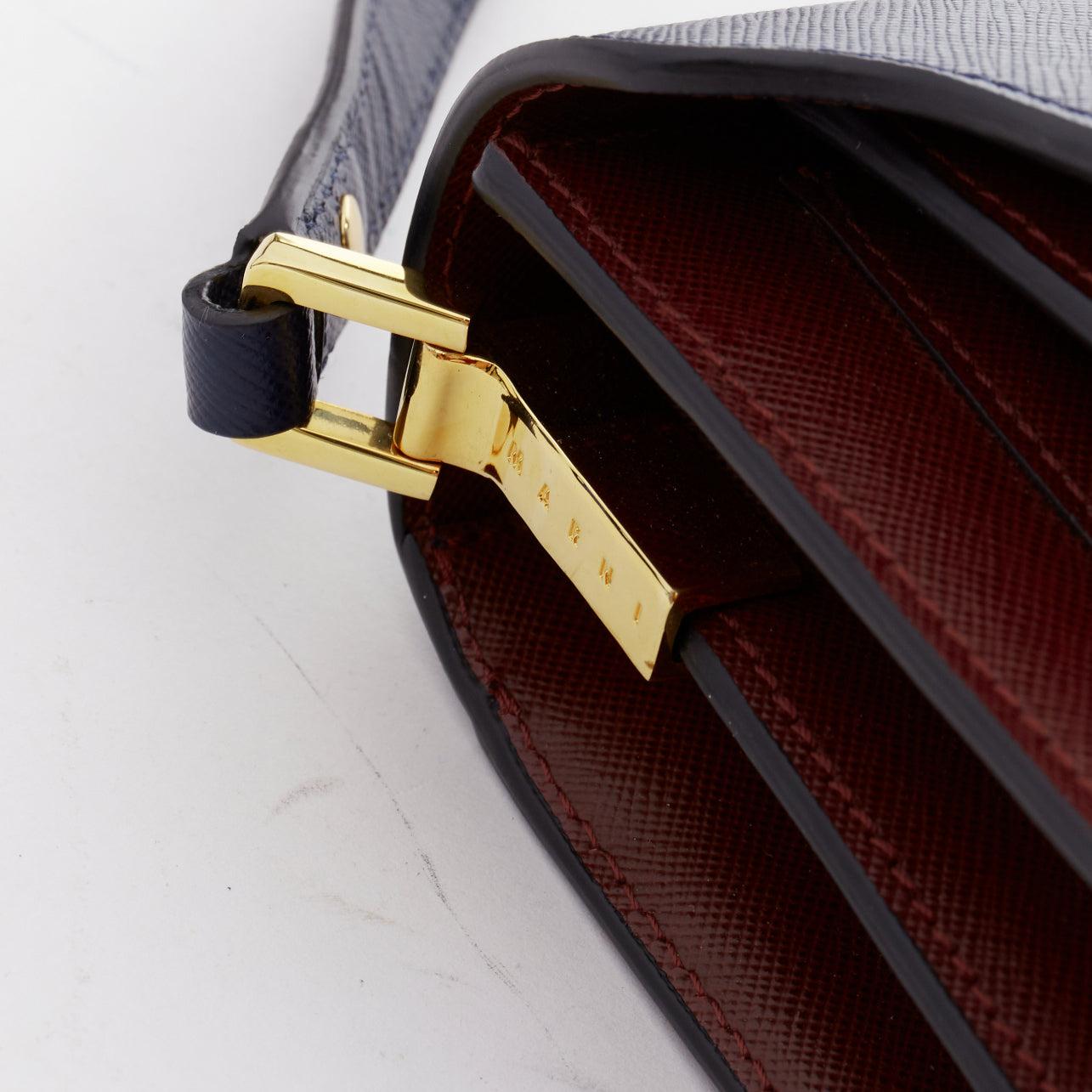 MARNI Trunk navy burgundy textured leather clasp crossbody bag For Sale 3