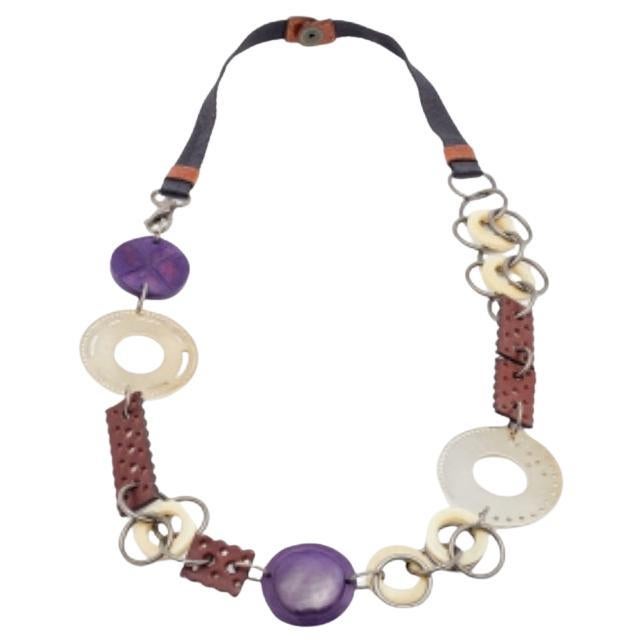 Marni Two-Tone Leather & Wood Chain Link Statement Necklace For Sale