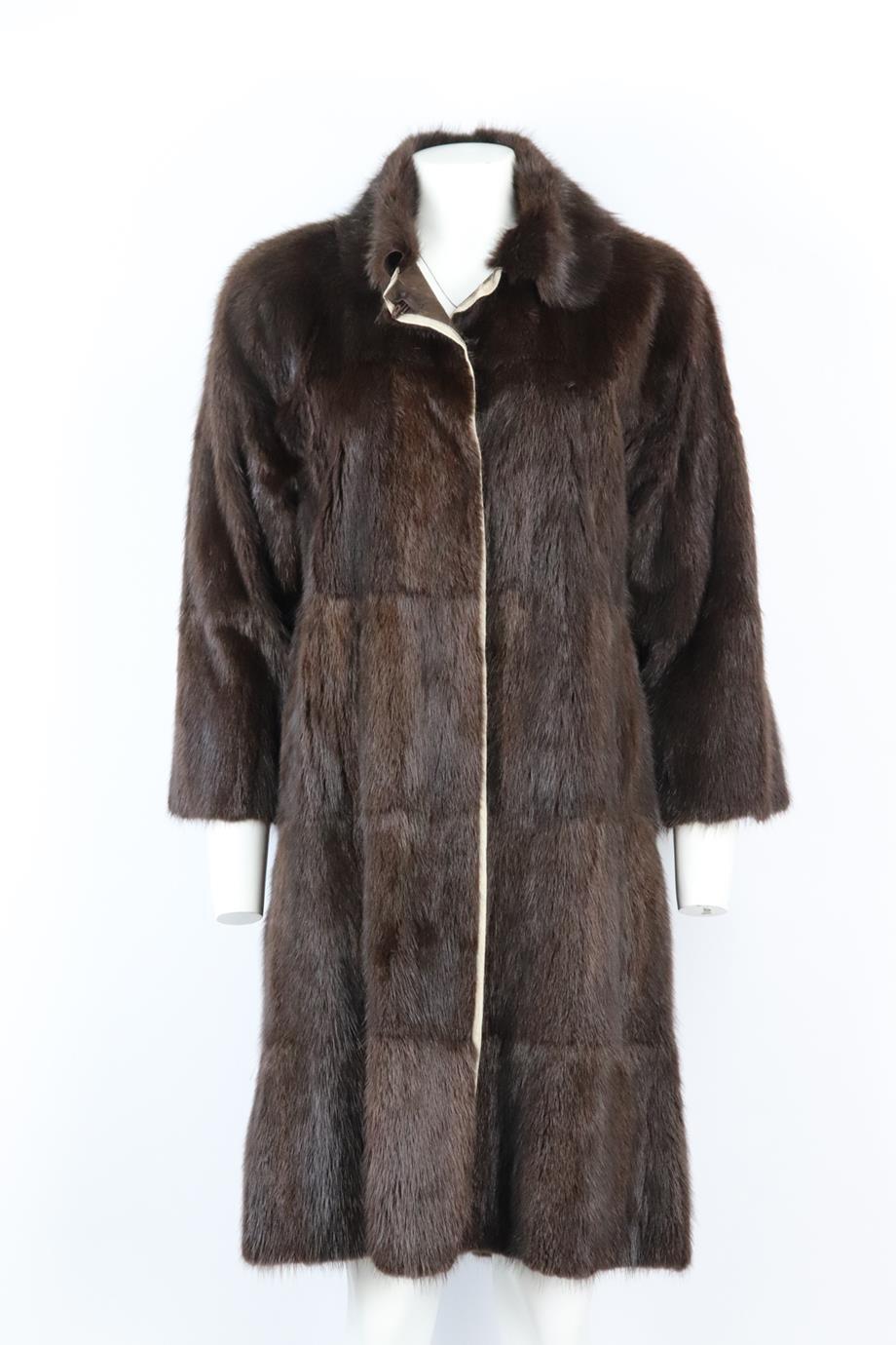 Marni Vintage rabbit fur coat. Brown. Long sleeve, crewneck. Hook and eye fastening at front. Size: IT 42 (UK 10, US 6, FR 38). Shoulder to shoulder: 18 in. Bust: 36 in. Waist: 36 in. Hips: 38 in. Length: 38 in. Fair condition - Composition label