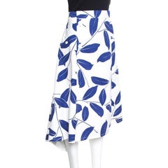 Marni White and Blue Leaf Print Cotton and Linen Drill Wrap Skirt M