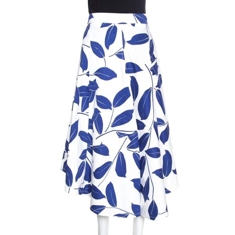 Gray Marni White and Blue Leaf Print Cotton and Linen Drill Wrap Skirt M For Sale