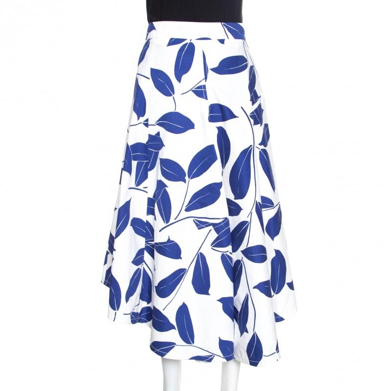 Gray Marni White and Blue Leaf Print Cotton and Linen Drill Wrap Skirt M