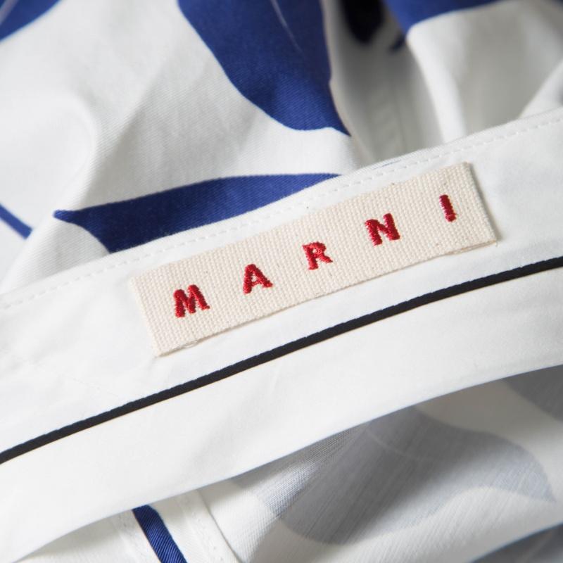 Marni White and Blue Leaf Print Cotton and Linen Drill Wrap Skirt M In Good Condition In Dubai, Al Qouz 2