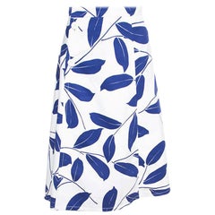 Marni White and Blue Leaf Print Cotton and Linen Drill Wrap Skirt M