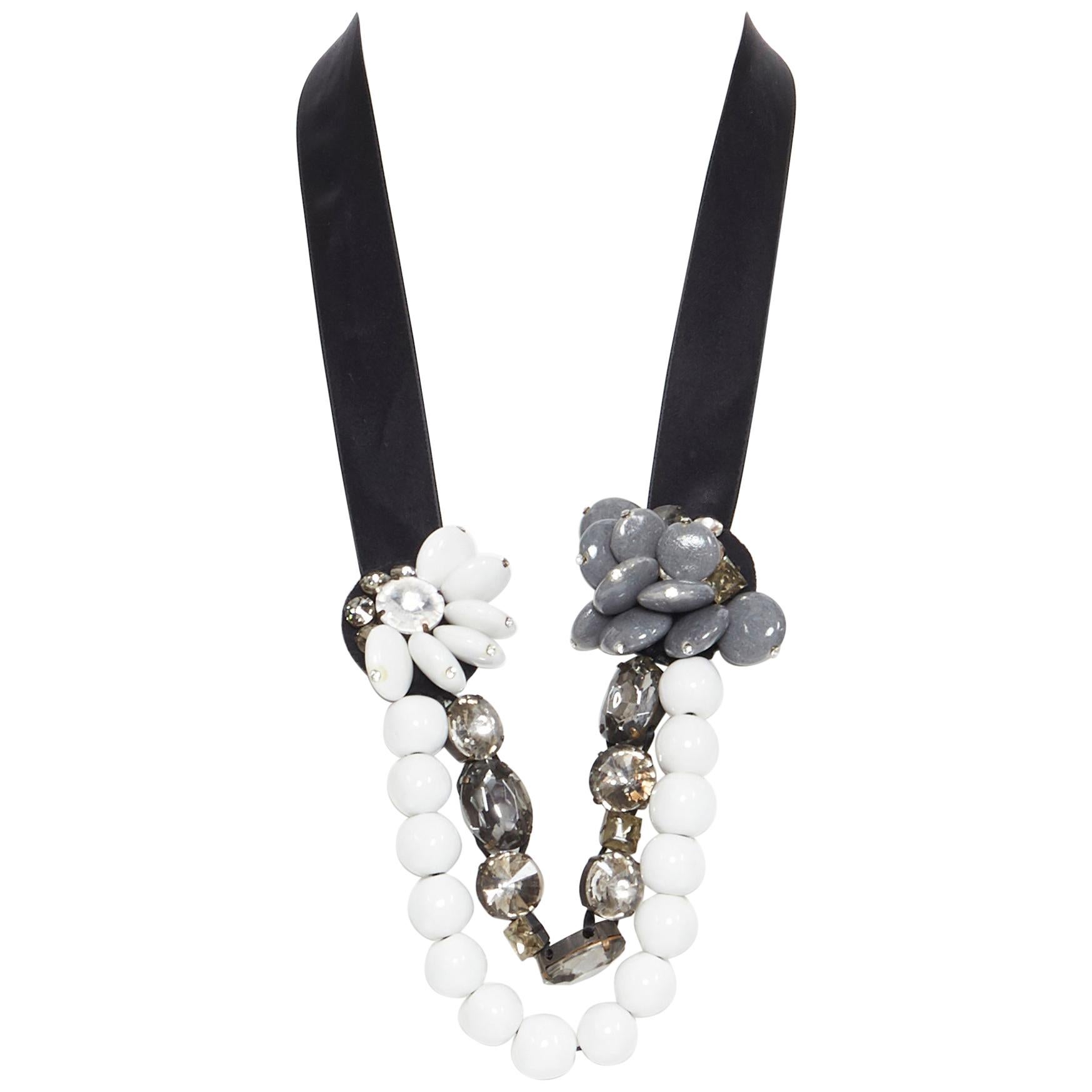 MARNI white bead floral jewel crystal embelished ribbon statement necklace