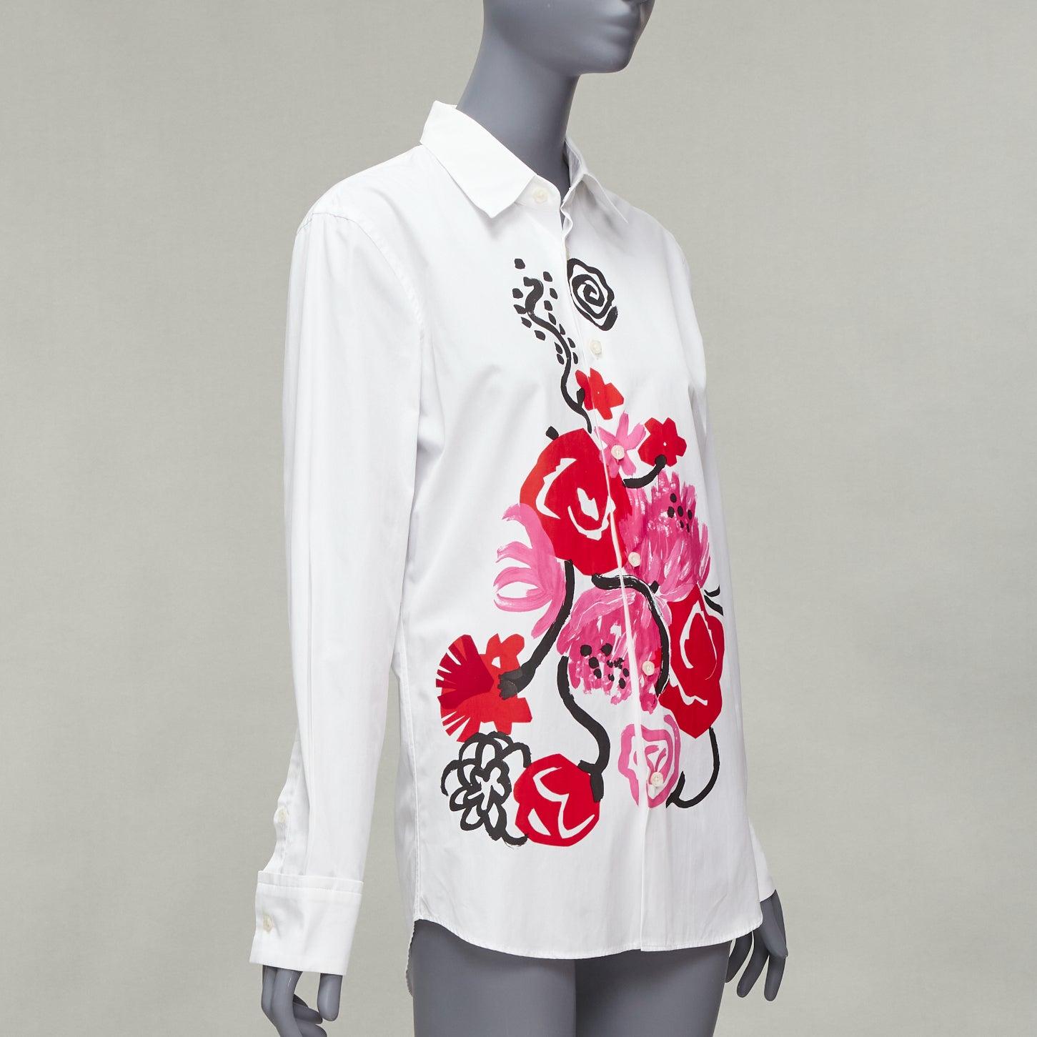 MARNI white cotton pink red painted floral print long sleeve shirt IT38 XS In Excellent Condition For Sale In Hong Kong, NT