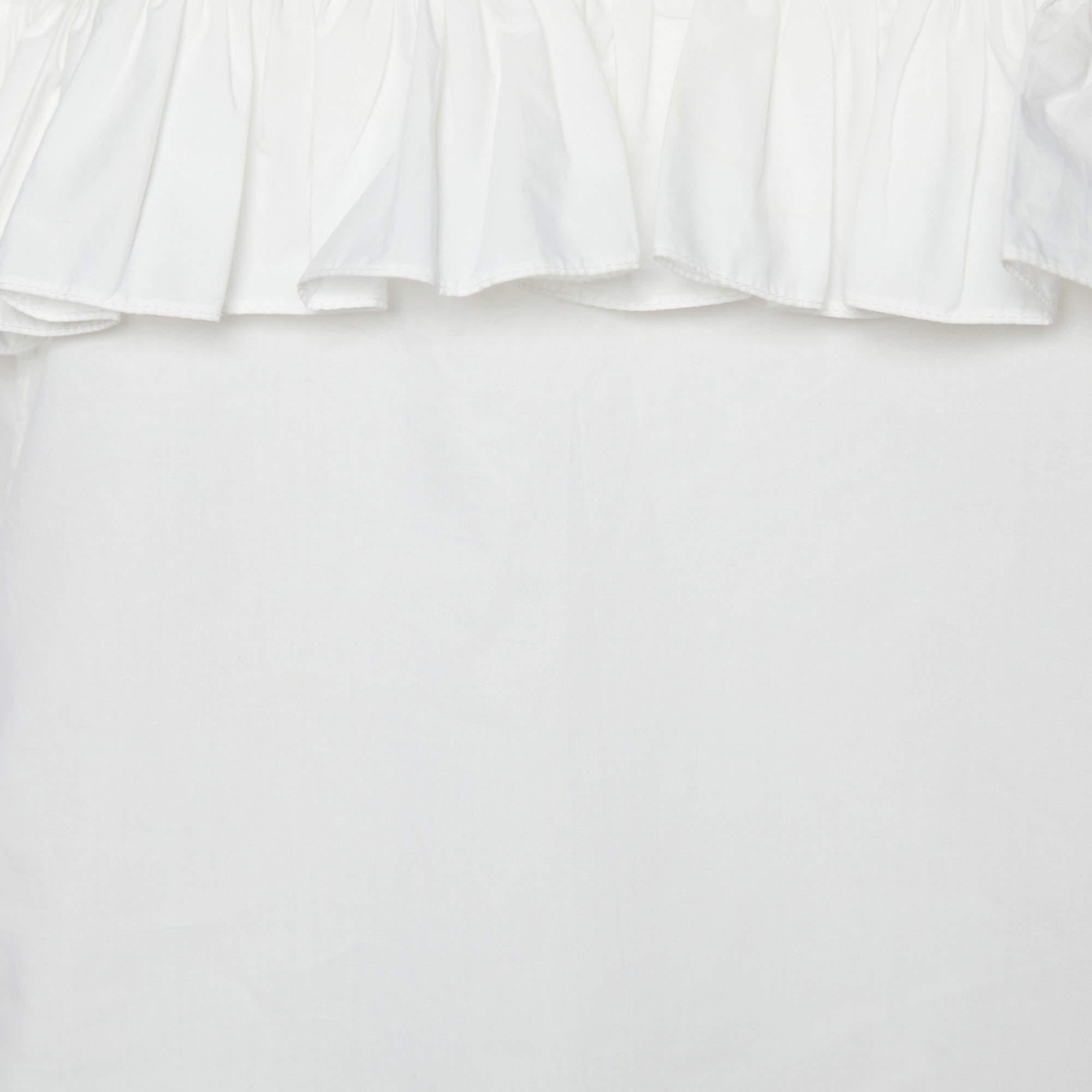 Gray Marni White Cotton Ruffle Detail V-Neck Top L For Sale