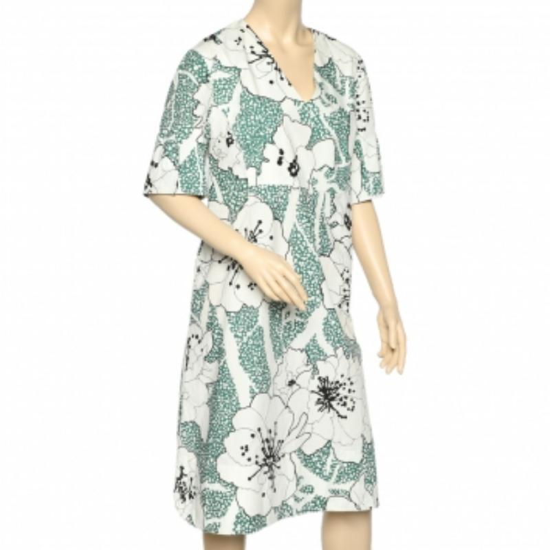 Marni Weißes Midikleid mit V-Ausschnitt und Blumendruck aus Baumwolle L (Grau) im Angebot