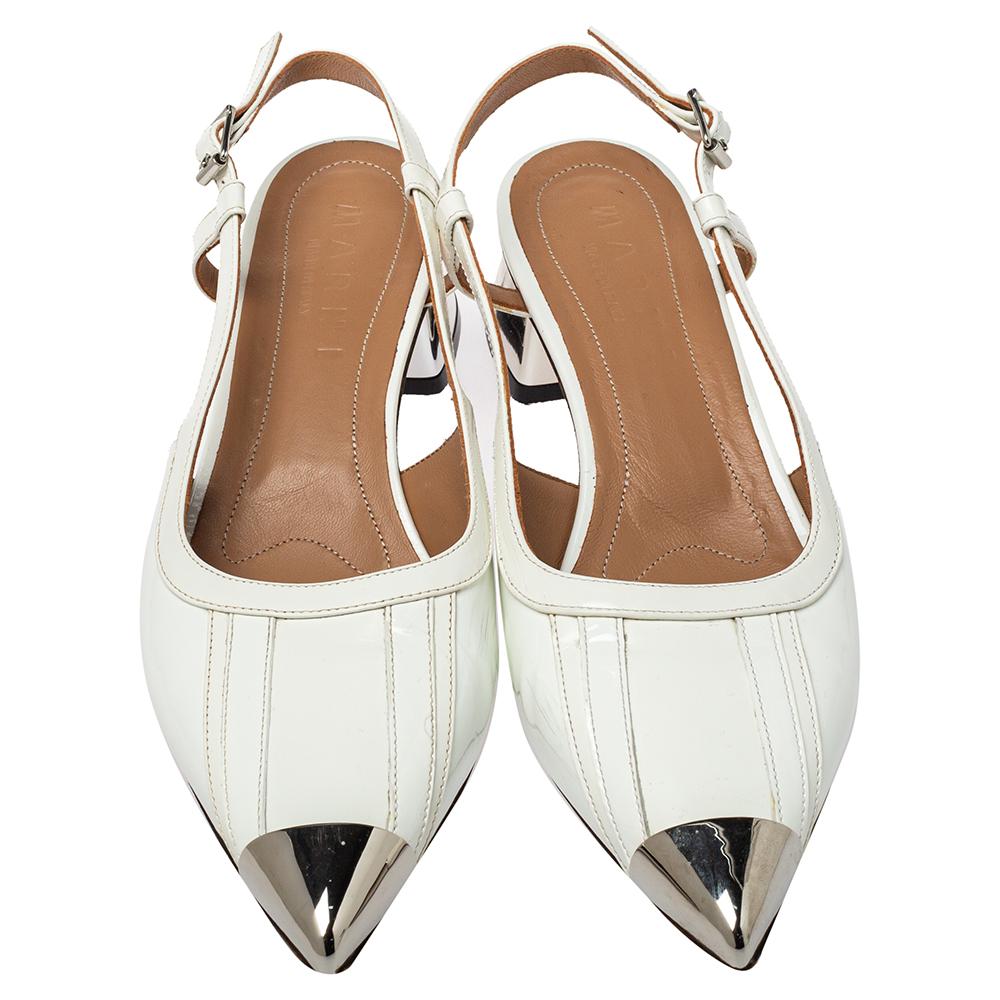 Ideal for daily wear, these Marni sandals are sleek and simple in design. Crafted from leather in a white shade, they have pointed toes feature metal details, slingbacks, and low heels for the comfort of your feet.

Includes: Original Dustbag