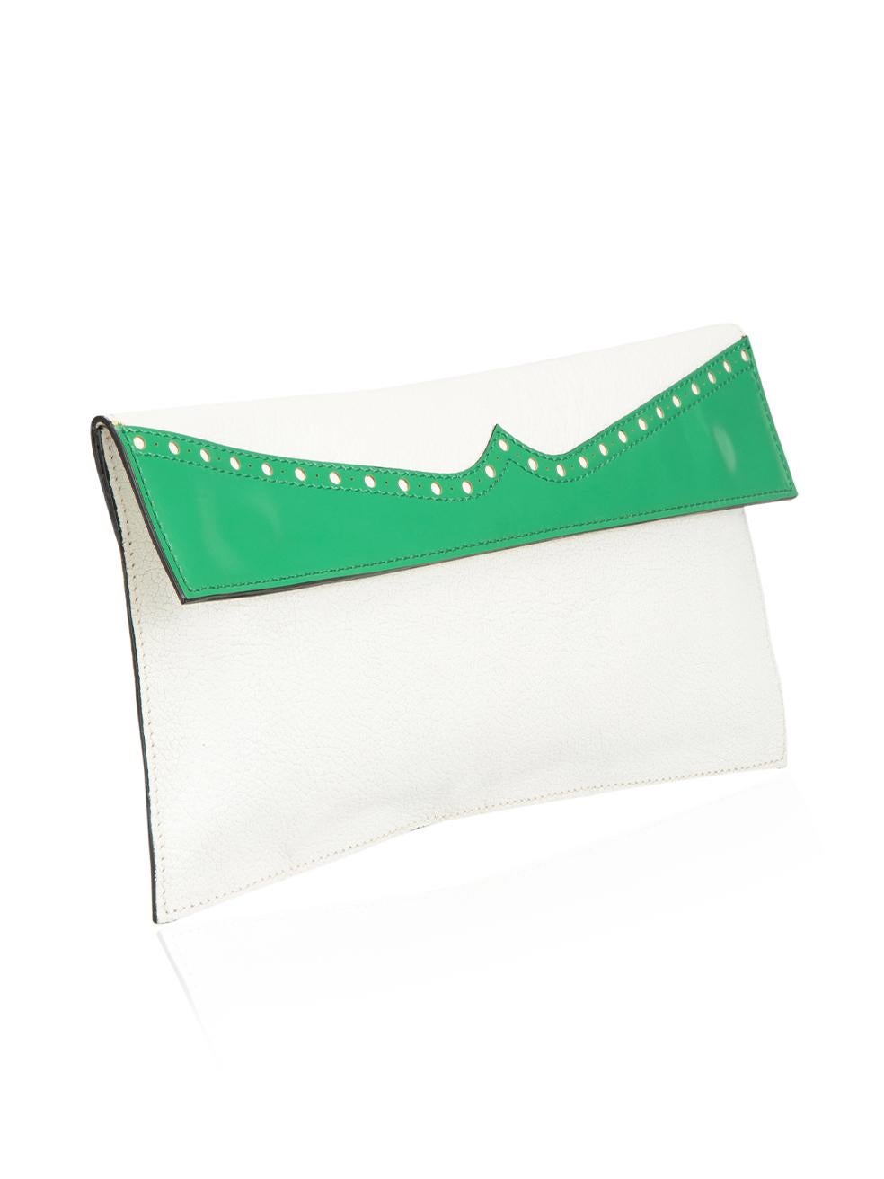 CONDITION is Good. Minor wear to bag is evident. Light wear to the back, lining and top right of bag with discoloured marks on this used Marni designer resale item. This item comes with original dust bag.

Details
White
Leather
Mini clutch bag
Green