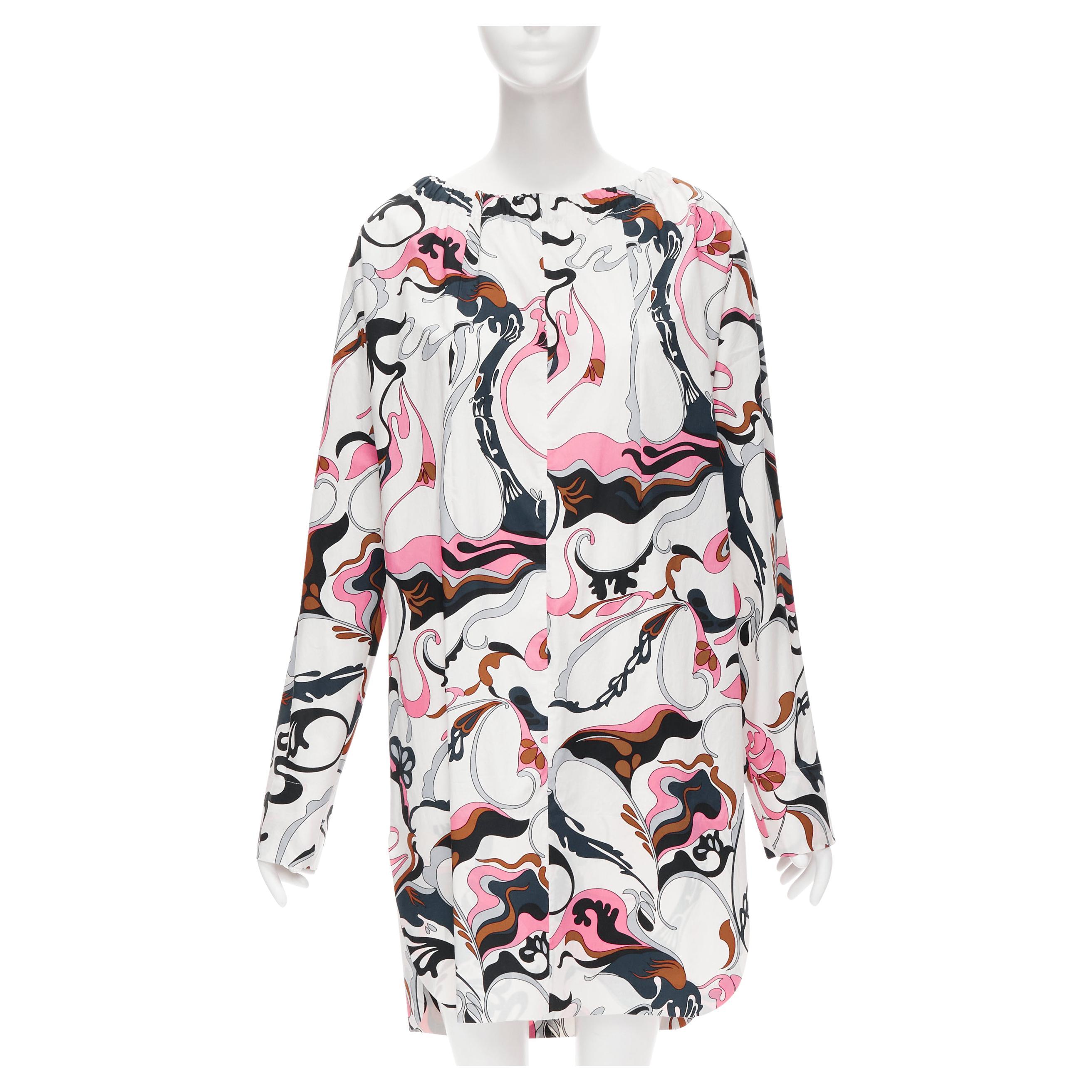 MARNI white navy pink swirl floral cotton boat neck long sleeve dress IT40 S For Sale