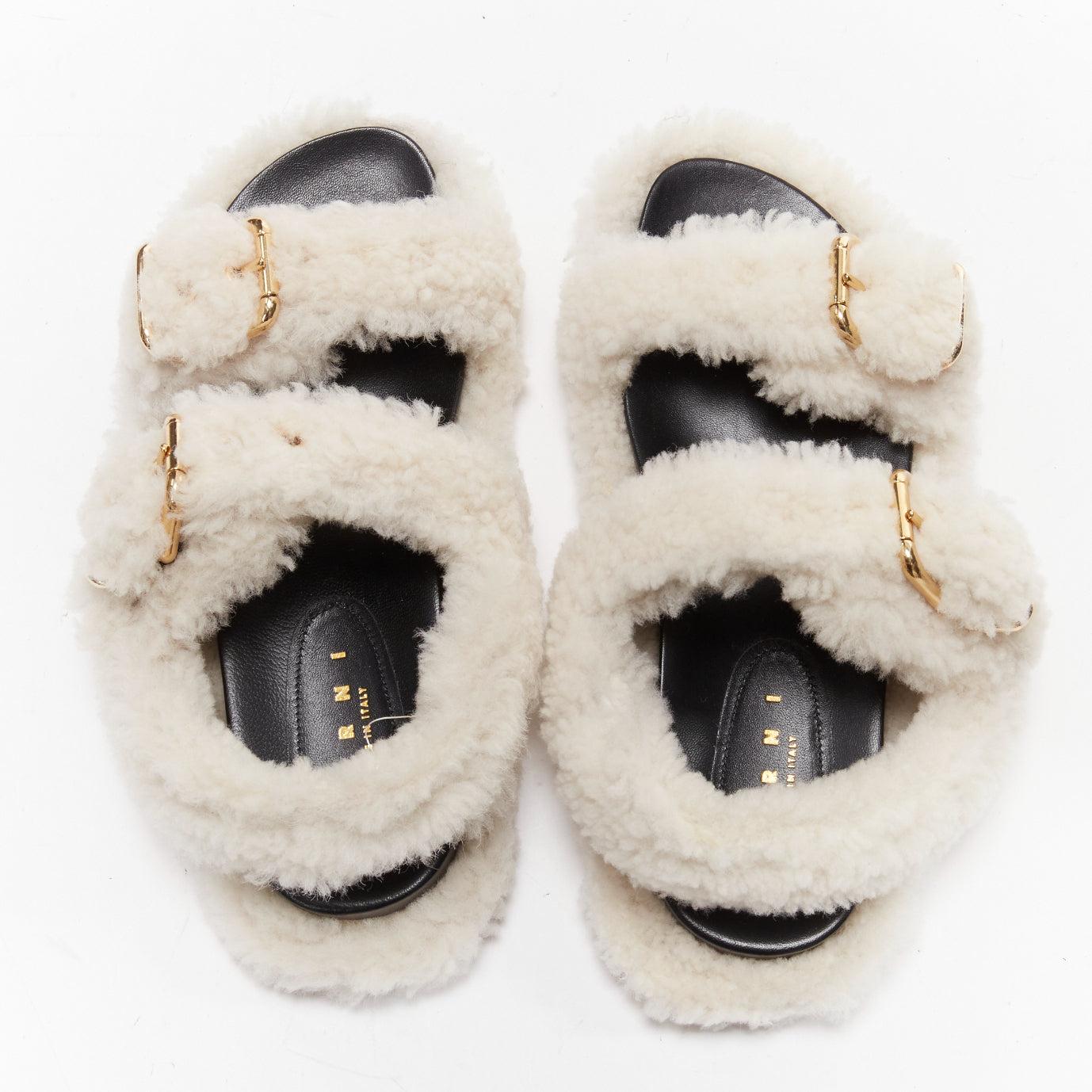 MARNI white shearling gold buckles double strap black leather lined flat sandals For Sale 2