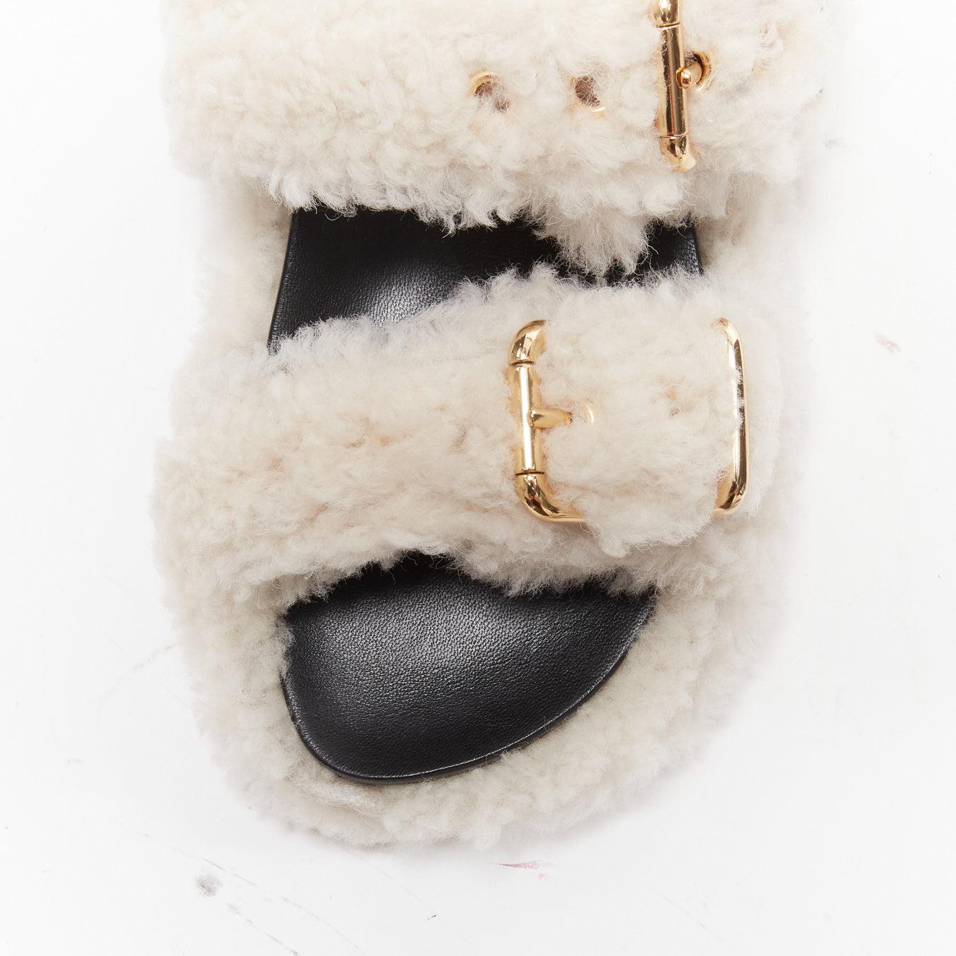 MARNI white shearling gold buckles double strap black leather lined flat sandals For Sale 3