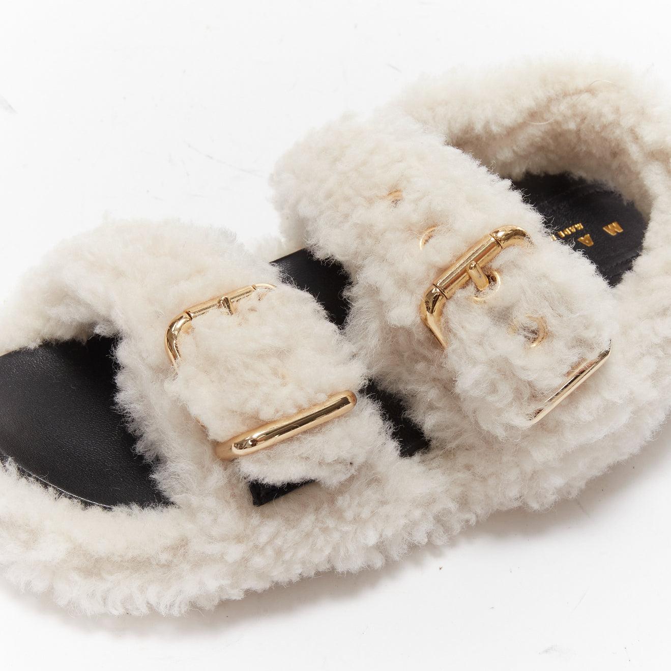 MARNI white shearling gold buckles double strap black leather lined flat sandals For Sale 4