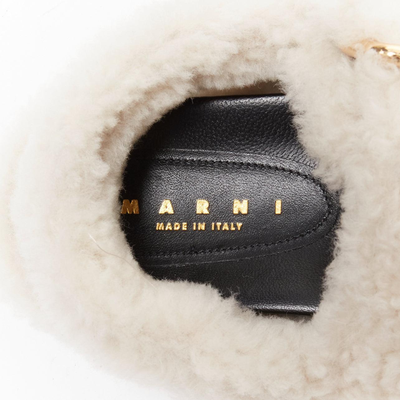 MARNI white shearling gold buckles double strap black leather lined flat sandals For Sale 5
