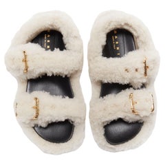 MARNI white shearling gold buckles double strap black leather lined flat sandals