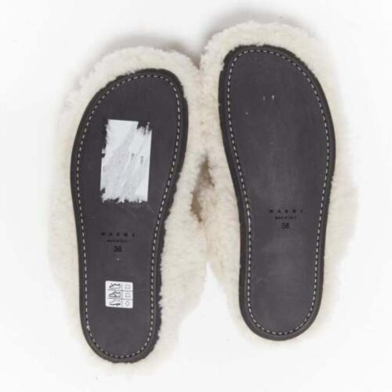 MARNI white shearling gold buckles double strap black lined flat sandals EU38 For Sale 6