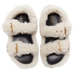 MARNI white shearling gold buckles double strap black lined flat sandals EU38