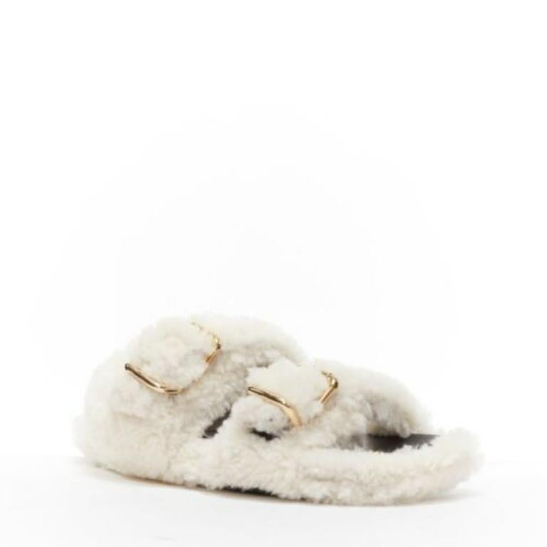 Beige MARNI white shearling gold buckles double strap black lined flat sandals EU38 For Sale