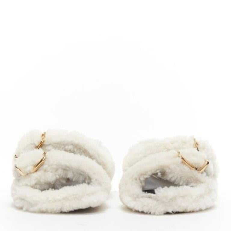 MARNI white shearling gold buckles double strap black lined flat sandals EU38 In Excellent Condition For Sale In Hong Kong, NT