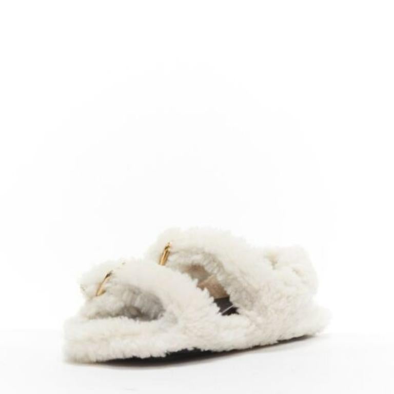Women's MARNI white shearling gold buckles double strap black lined flat sandals EU38 For Sale