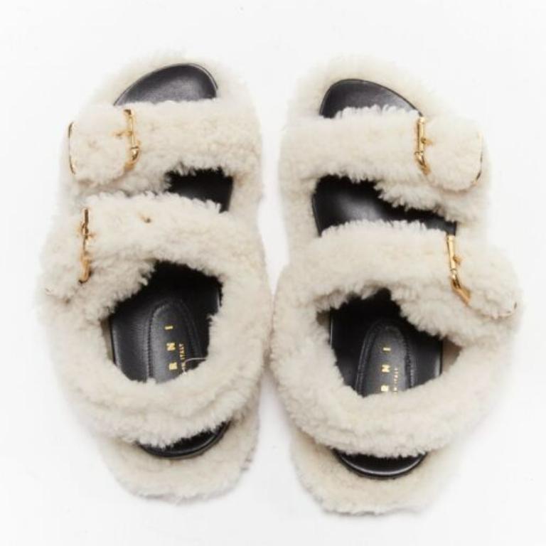 MARNI white shearling gold buckles double strap black lined flat sandals EU38 For Sale 1