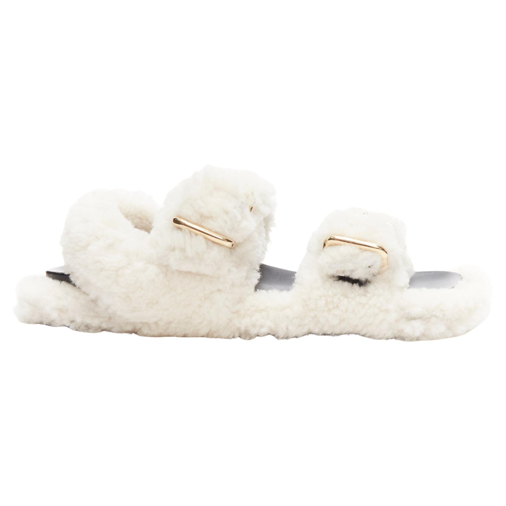 MARNI white shearling gold buckles double strap black lined flat sandals EU38