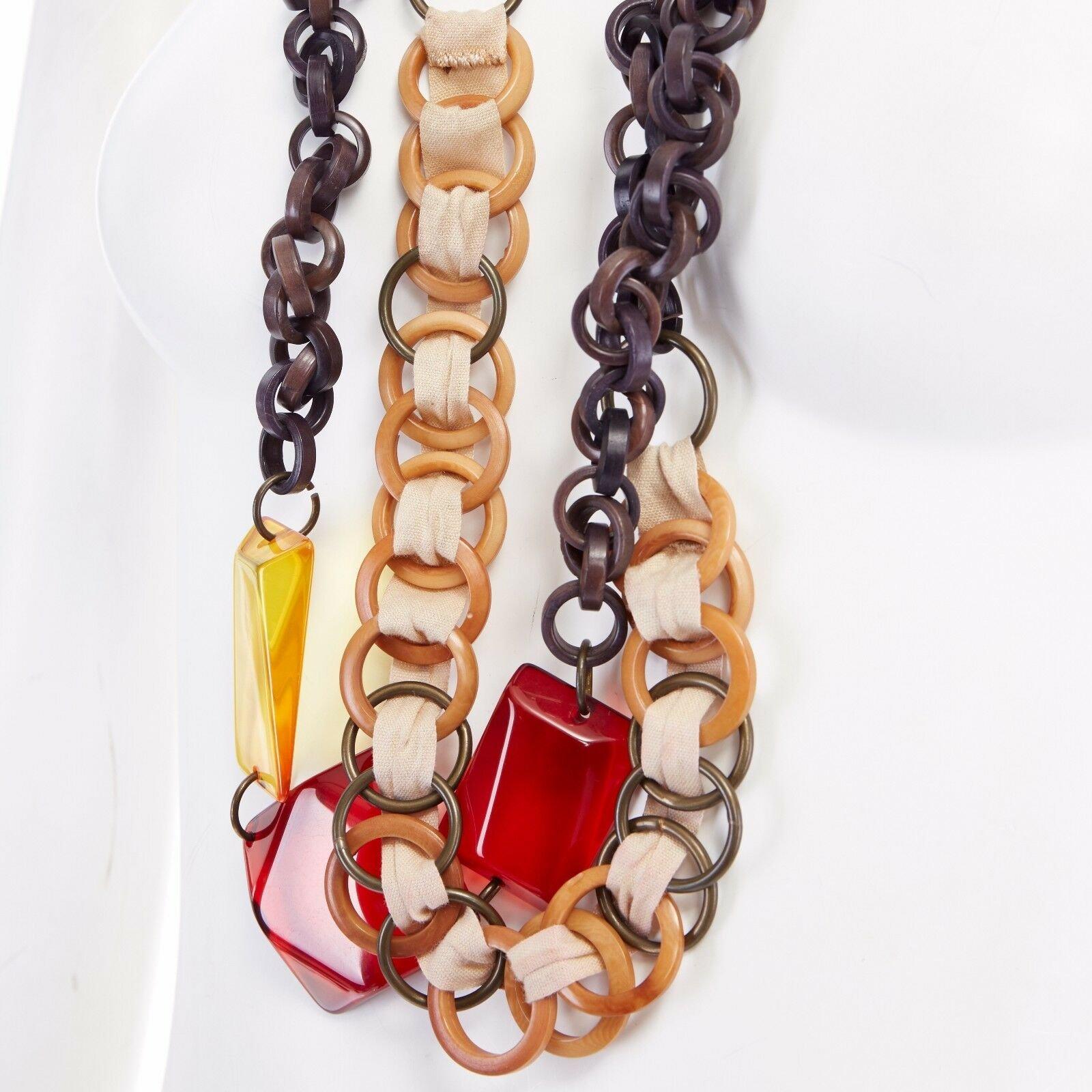 Gray MARNI wood resin dual chunky interlinked red orange pendent nylon necklace