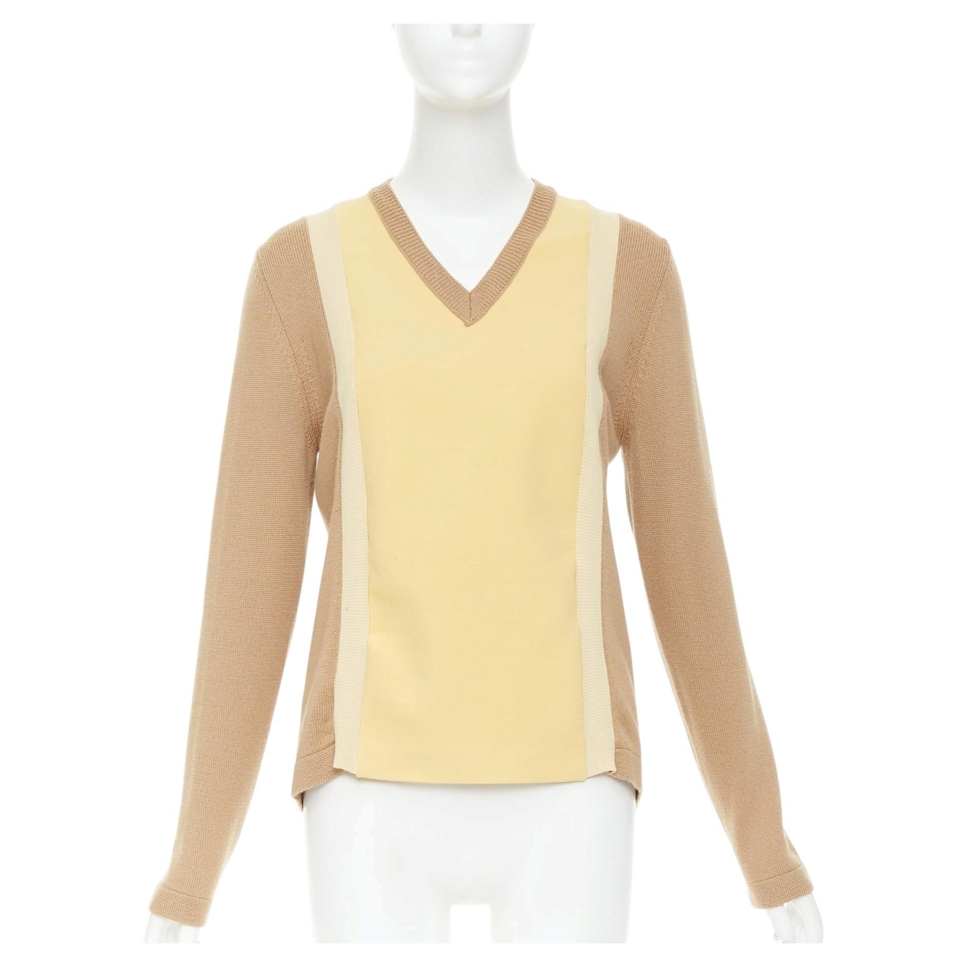 Pre-owned Marni Yellow Beige Tan Virgin Wool Blend Colorblock Panel V Neck Sweater It42 M