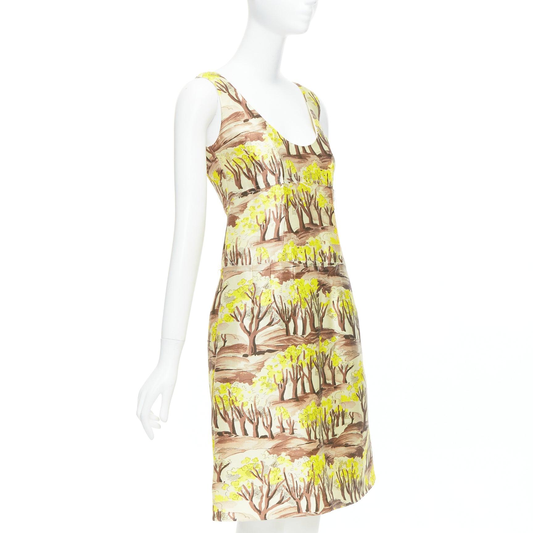 Beige MARNI yellow brown tree flower printed scoop neck Aline dress IT36 XXS