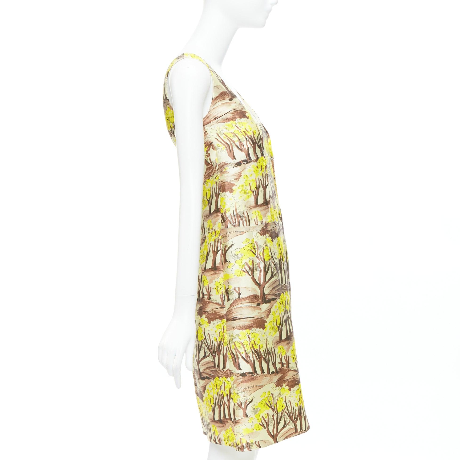 MARNI yellow brown tree flower printed scoop neck Aline dress IT36 XXS In Excellent Condition In Hong Kong, NT