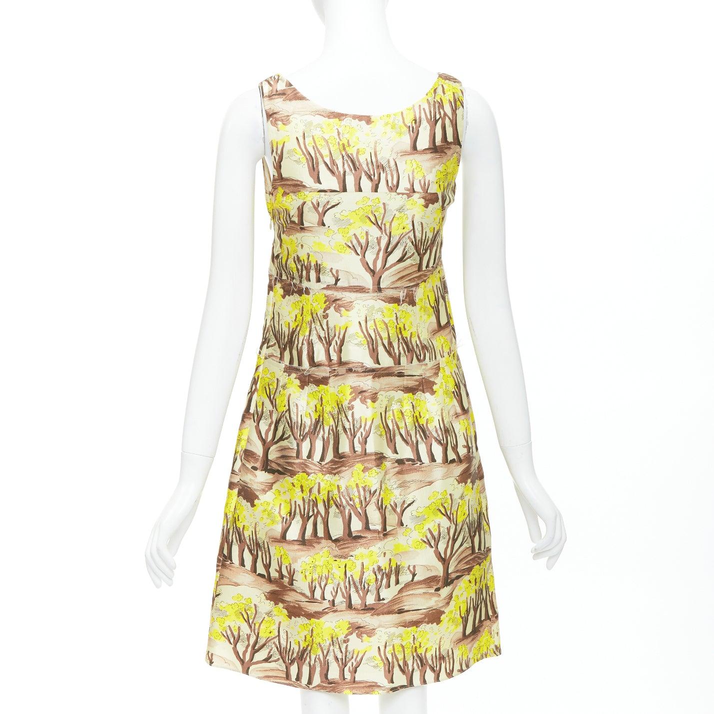 Women's MARNI yellow brown tree flower printed scoop neck Aline dress IT36 XXS