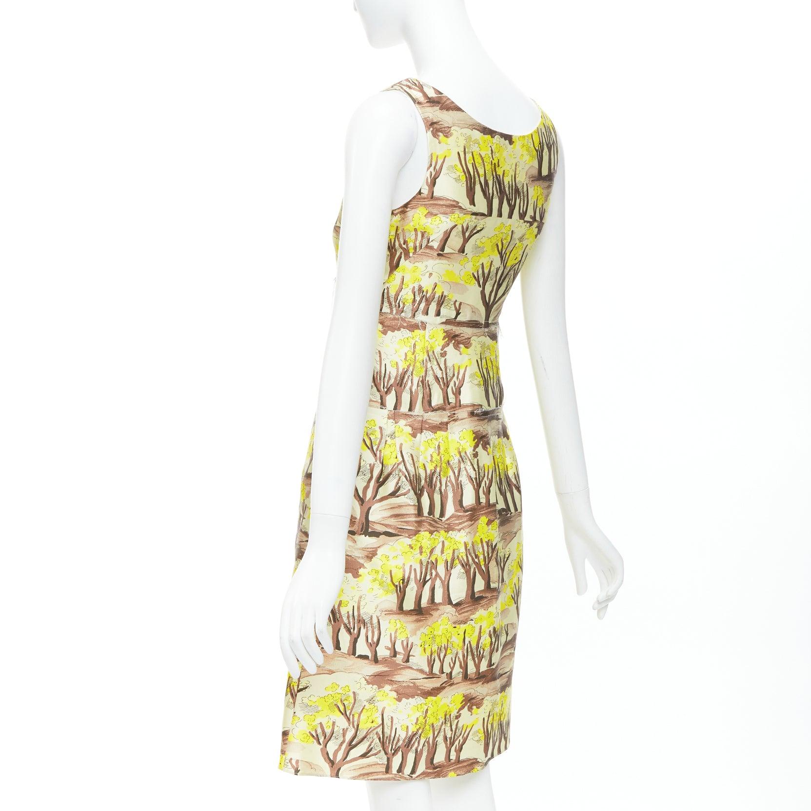 MARNI yellow brown tree flower printed scoop neck Aline dress IT36 XXS 1