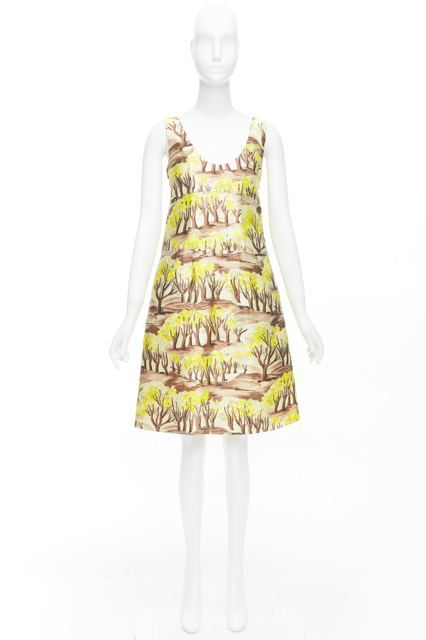 MARNI yellow brown tree flower printed scoop neck Aline dress IT36 XXS 4
