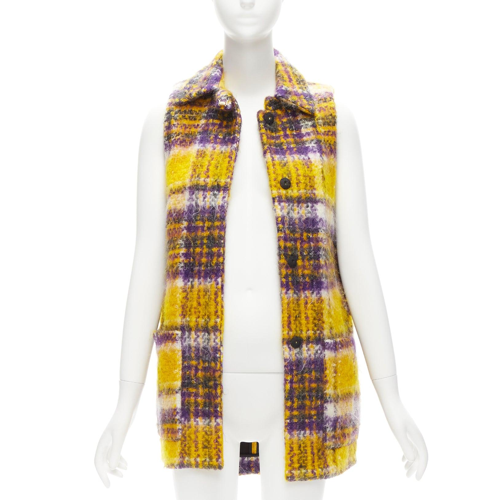 Brown MARNI yellow purple plaid check mohair blend boxy sleeveless coat IT36 XS For Sale