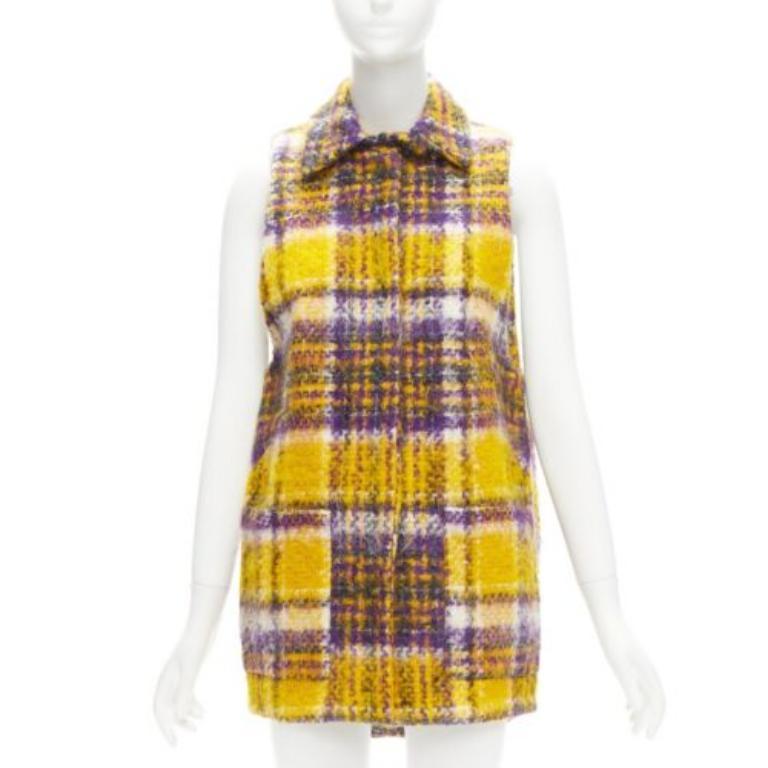 Beige MARNI yellow purple plaid check mohair blend boxy sleeveless coat IT36 XS For Sale
